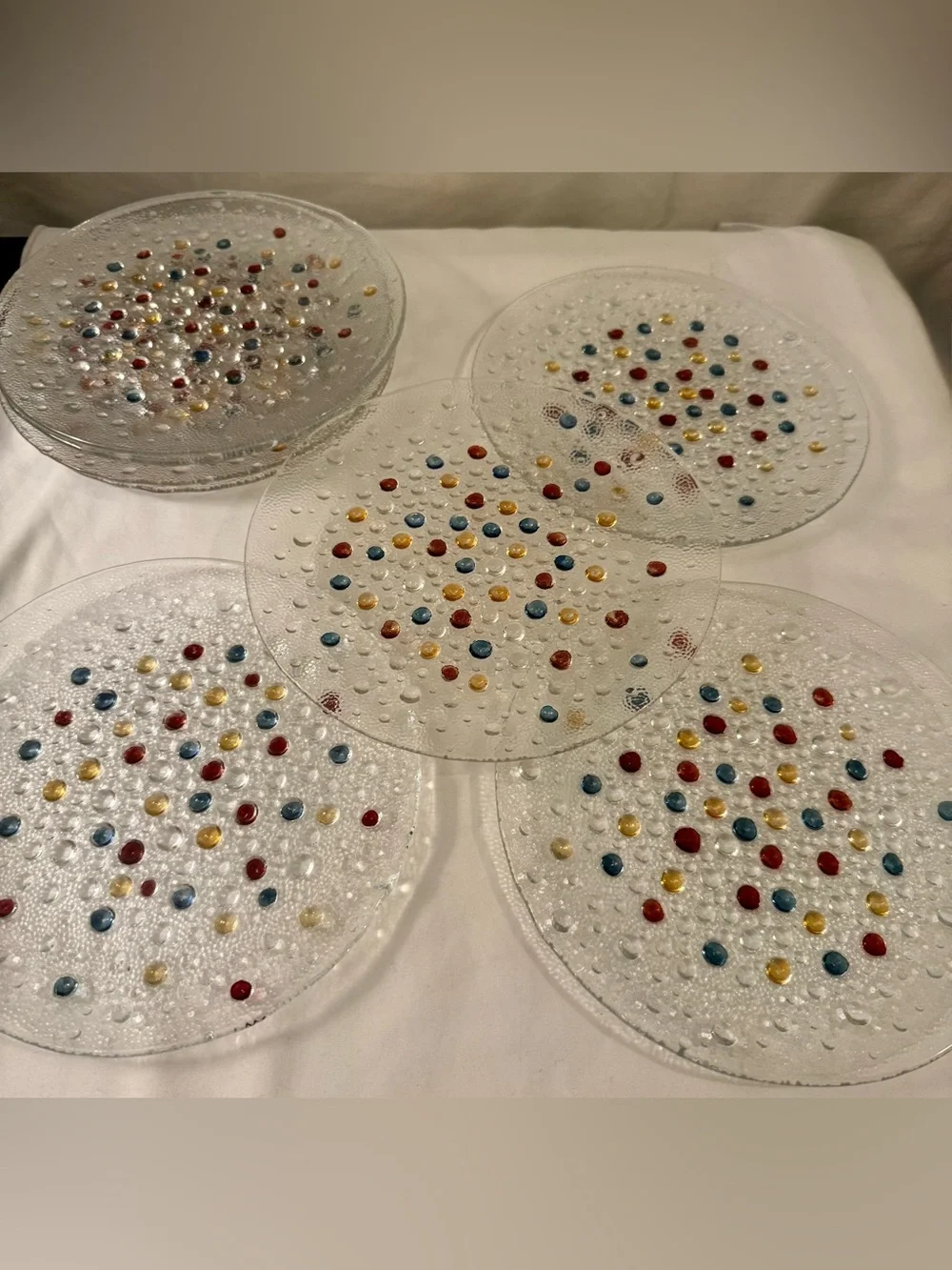 4 Dansk Poland Confetti Bubble Glass plates, textured surface, multicolored. 8”
